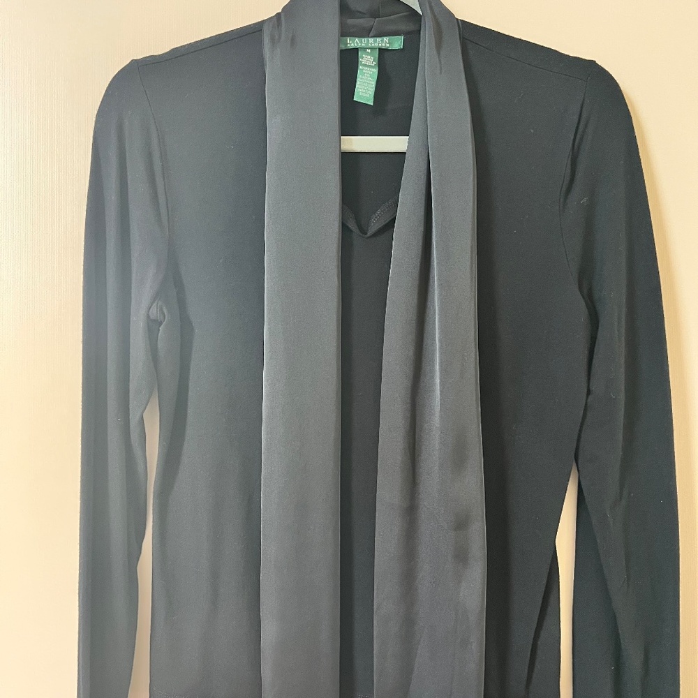 LAUREN by Ralph Lauren - Black Blouse with silk long draped collar - Size Medium